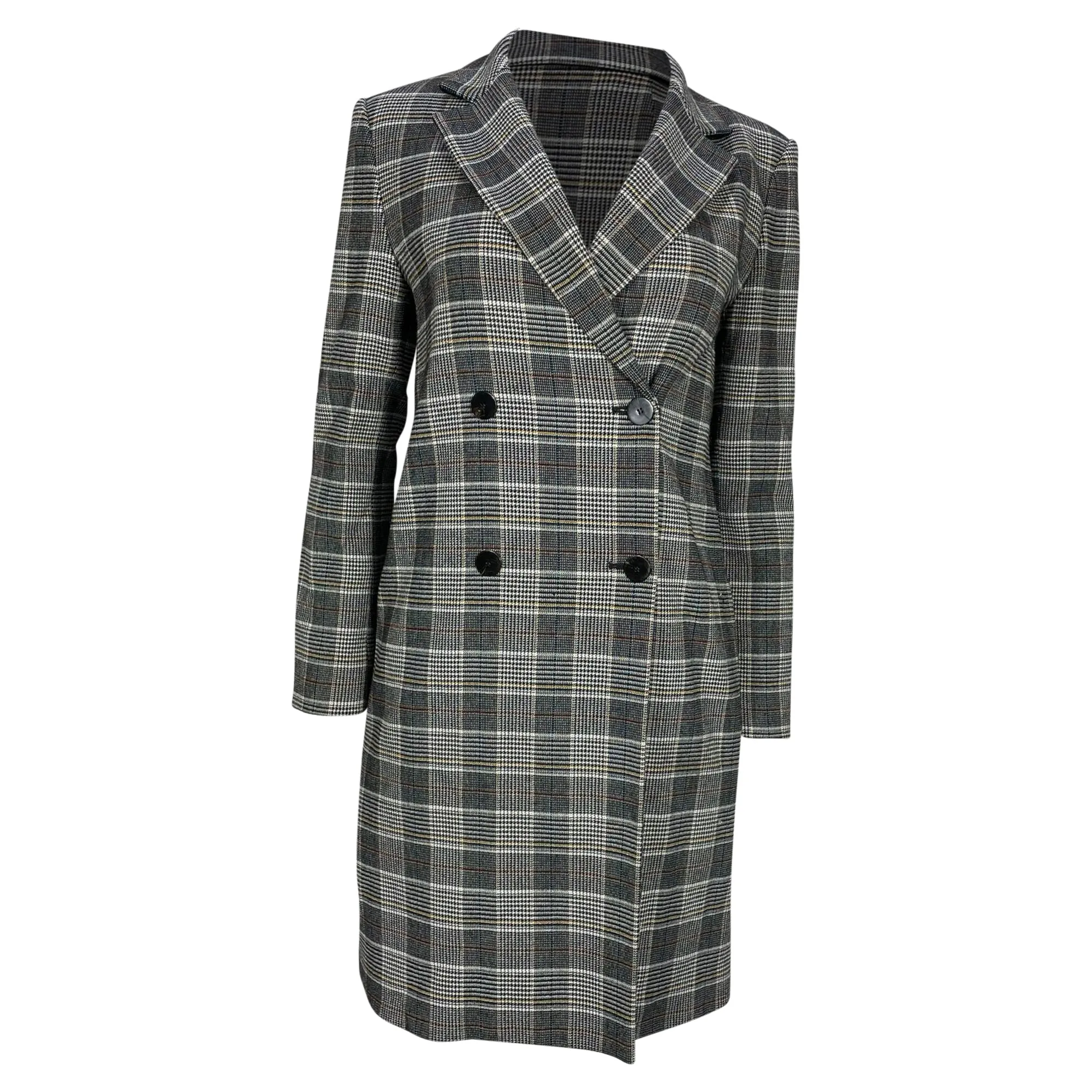Theory Double-Breasted Plaid Coat in Grey Wool